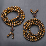 108 Tibetan Buddhist Mala Natural Tiger Eye Gem Stone Bead Dual-use Necklace Bracelet Wrapped Wood Prayer for Meditation