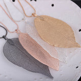 Long Sweater Statement Necklace Snake Chain with Real Natural Leaf Pendant Electroplated (Rose Gold, Black, Gold, Silver colors)