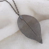 Long Necklace with Pendants on Link Chain Natural Leaf Electroplated 7 color options