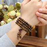 108 Tibetan Buddhist Mala Natural Tiger Eye Gem Stone Bead Dual-use Necklace Bracelet Wrapped Wood Prayer for Meditation