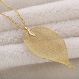 Long Necklace with Pendants on Link Chain Natural Leaf Electroplated 7 color options
