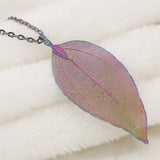 Long Necklace with Pendants on Link Chain Natural Leaf Electroplated 7 color options