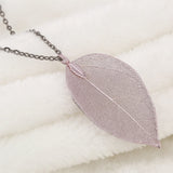 Long Necklace with Pendants on Link Chain Natural Leaf Electroplated 7 color options