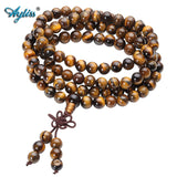 108 Tibetan Buddhist Mala Natural Tiger Eye Gem Stone Bead Dual-use Necklace Bracelet Wrapped Wood Prayer for Meditation