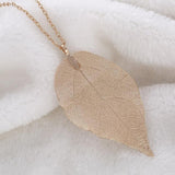 Long Necklace with Pendants on Link Chain Natural Leaf Electroplated 7 color options