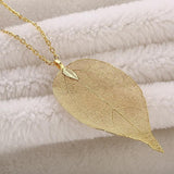 Long Necklace with Pendants on Link Chain Natural Leaf Electroplated 7 color options