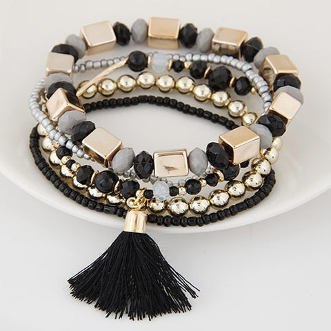 Bohemian Beach Style Bracelets 5pcs/set. Candy Color Multilayer Beaded Bracelets with Tassel Charm