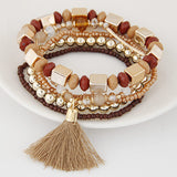 Bohemian Beach Style Bracelets 5pcs/set. Candy Color Multilayer Beaded Bracelets with Tassel Charm
