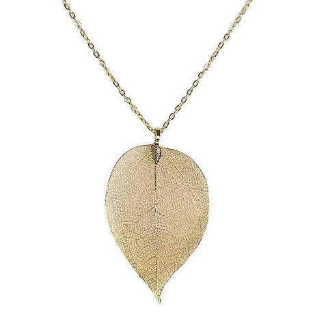 Long Necklace with Pendants on Link Chain Natural Leaf Electroplated 7 color options
